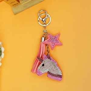 Sparkling pink unicorn keychain with rhinestone star and leather tassel for handbags