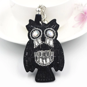Detail of owl keychain featuring sparkling rhinestones and black tassel on silver chain