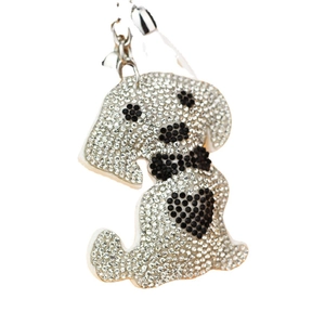 Creative dog car charm with white rhinestones, heart pattern, and velvet tassel keychain