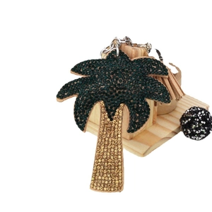 Summer rhinestone coconut tree keychain with sparkling green and gold crystal palm design
