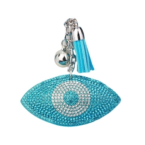 Blue Turkish evil eye keychain with sparkling rhinestones, blue tassel, and silver bell charm