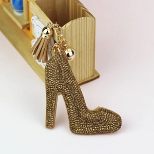 Sparkling rhinestone high heel keychain with faux leather tassel and bell for handbags
