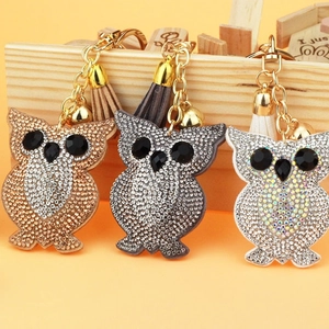 Exquisite Owl Rhinestone Keychain With Tassel Bell Metal Key Ring Cartoon Animal Bag Charm Decoration For Women Girls Gift