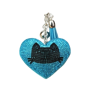 Blue heart keychain with sparkling cat head silhouette and stylish blue silk tassel