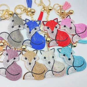 Crystal Rhinestone Fox Keychain Suede Tassel Bag Charm For Women Sparkling Animal Keyring Pendant Fashion Jewelry Gift