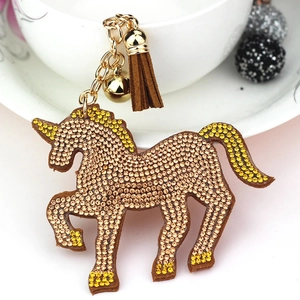 Funkelnder Einhorn-Schlüsselanhänger aus Leder mit Strasssteinen, Quaste und Goldkette