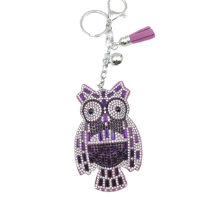 Creative purple owl keychain with crystal rhinestones and stylish leather tassel charm
