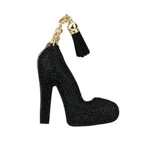 Sparkling black rhinestone high heel keychain with gold chain and silk tassel pendant
