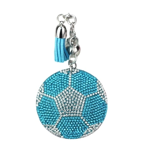 Porte-clés ballon de foot scintillant avec strass bleu et blanc et pompon assorti