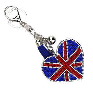 Union Jack Herz Schlüsselanhänger mit Strasssteinen, blauem Quast und silbernem Clip