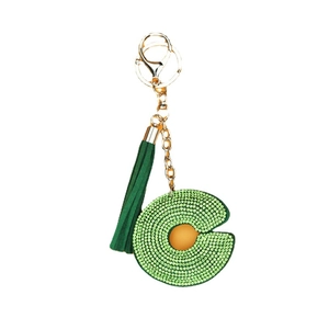 Sparkling green crystal letter C keychain with tassel and silver lobster clasp for bags