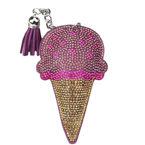 Portachiavi gelato con strass rosa e dorati e nappa in pelle viola decorativa