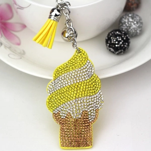 Sparkling ice cream keychain with yellow crystals, faux leather tassel and silver keyring