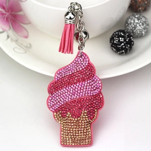 Sparkling pink rhinestone ice cream keychain with suede tassel and silver metal chain