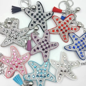 Fashion Starfish Rhinestone Keychain For Women Korean Velvet Bag Charm With Tassel And Bell Sea Star Key Ring Jewelry