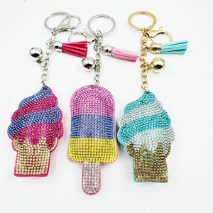 Ice Cream Rhinestone Keychain With Tassel And Bell For Women Bag Hanging Ornament Fashion Metal Keyring Gift Accessory