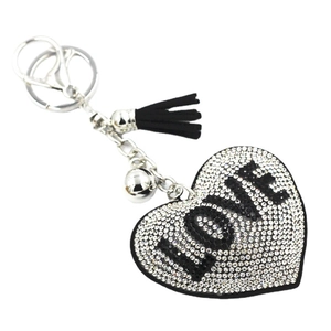 Funkelnder Herz-Schlüsselanhänger mit LOVE-Schriftzug, Strass und schwarzer Velours-Quaste