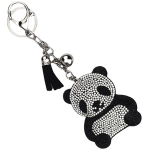 Detailed view of rhinestone panda keychain with black tassel and silver lobster clasp