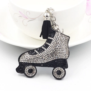 Sparkling rhinestone ice skate keychain pendant with black tassel and silver metal ring