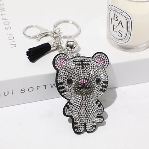 Porte-clés tigre classique en strass avec pompon noir et anneau en métal argenté