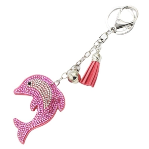Porte-clés dauphin rose avec strass brillants, pompon en cuir et clochette argentée