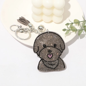 Porte-clés chien en strass avec pompon en cuir gris et clochette pour sacs à main