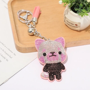 Funkelnder Strass Panda Schlüsselanhänger mit rosa Lederquaste und Glocke für Taschen