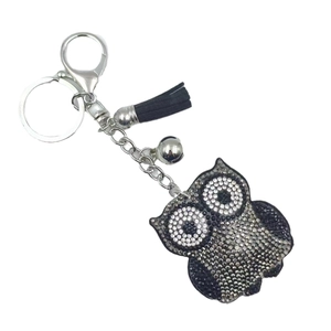 Porte-clés chouette en strass avec pompon noir et clochette pour sacs à main