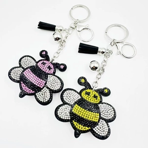 Cute Rhinestone Bee Bag Pendant Leather Tassel Keychain With Metal Bell Lobster Clasp For Women Fashion Car Key Ring Accessory