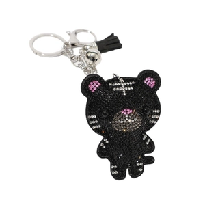 Porte-clés tigre classique en strass noir avec pompon en cuir et petite clochette