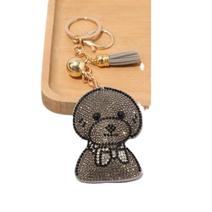 Porte-clés caniche scintillant avec strass gris, fermoir doré et pompon pour sacs à main