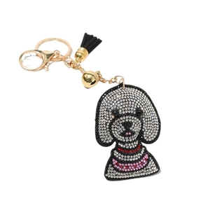Porte-clés chien teddy avec strass brillants et pompon en cuir noir pour sac à main