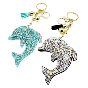 Luxury rhinestone dolphin keychain with crystal velvet tassels and golden ring hardware