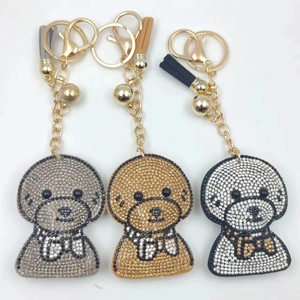 Porte-clés Chien Caniche Teddy Dessin Animé Plein de Strass pour Femmes Pendentif de Sac Animal en Cristal Brillant Avec Gland Cloche Anneau Porte-clés en Métal Accessoire