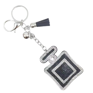 Sparkling rhinestone perfume bottle keychain with black leather tassel and silver bell