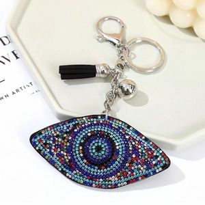 Portachiavi occhio del diavolo con strass colorati, nappina nera e campanellino d'argento