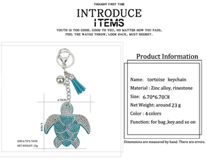 Detailed view of turtle keychain dimensions 6.7x6.7cm with blue rhinestones and tassel