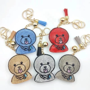 Classic cartoon dog rhinestone keychains with leather tassels in 5 assorted colors