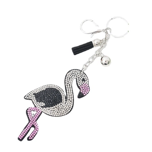 Funkelnder Flamingo-Schlüsselanhänger mit Strass, schwarzer Quaste und Glocke für Taschen