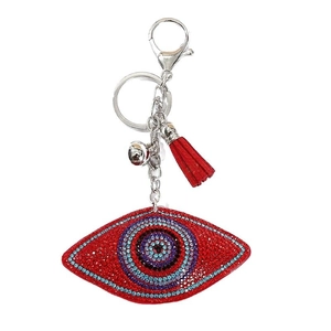 Portachiavi malocchio con nappa rossa e strass per borse e zaini