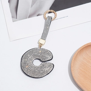 Sparkling rhinestone letter C keychain with golden metal ring for bags and fashion accessory