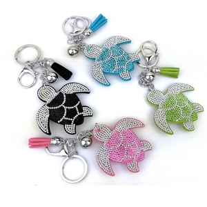 Creative Cartoon Sea Turtle Rhinestone Keychain For Women Leather Tassel Bell Turtle Bag Charm Pendant Fashion Jewelry