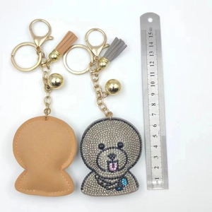 Crystal studded cartoon bear keychain with leather back and tassel charm accessory