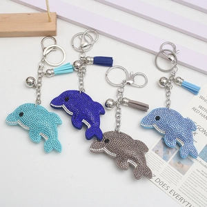 Porte-clés Dauphin en Strass Alliage Animal Étincelant Avec Gland en PU Et Cloche pour Femmes Bijoux de Sac Cadeau