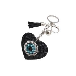 Sparkling heart evil eye keychain with black rhinestones and leather tassel fringe