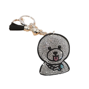 Sparkling rhinestone cartoon animal keychain with elegant black tassel and silver metal ring