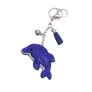 Porte-clés dauphin avec strass bleus étincelants, pompon et clochette en métal argenté