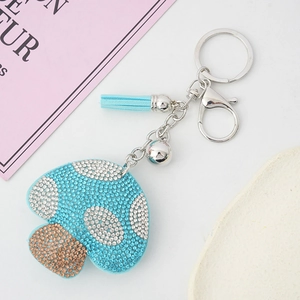 Sparkling mushroom rhinestone keychain with blue tassels and silver metal lobster clasp