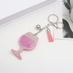 Porte-clés créatif en forme de verre à vin avec strass roses et gland en cuir