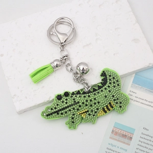 Cartoon green crocodile rhinestone keychain with silk tassel and silver bell for bags